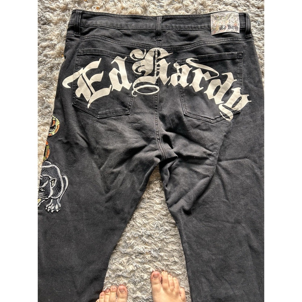 Ed Hardy Jeans Mens 38 Black Skull Snake Embroidered Y2K Tattoo Denim Street - Picture 3 of 11